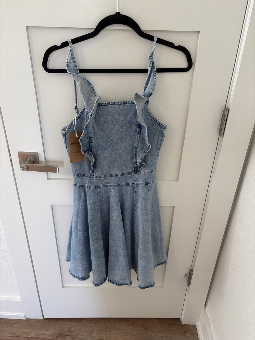 Light Blue Denim Ruffle Strap Mini Dress